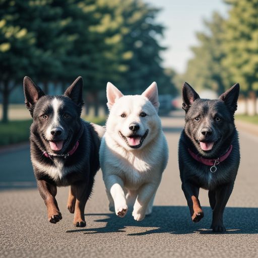 Ba con chó đang chạy